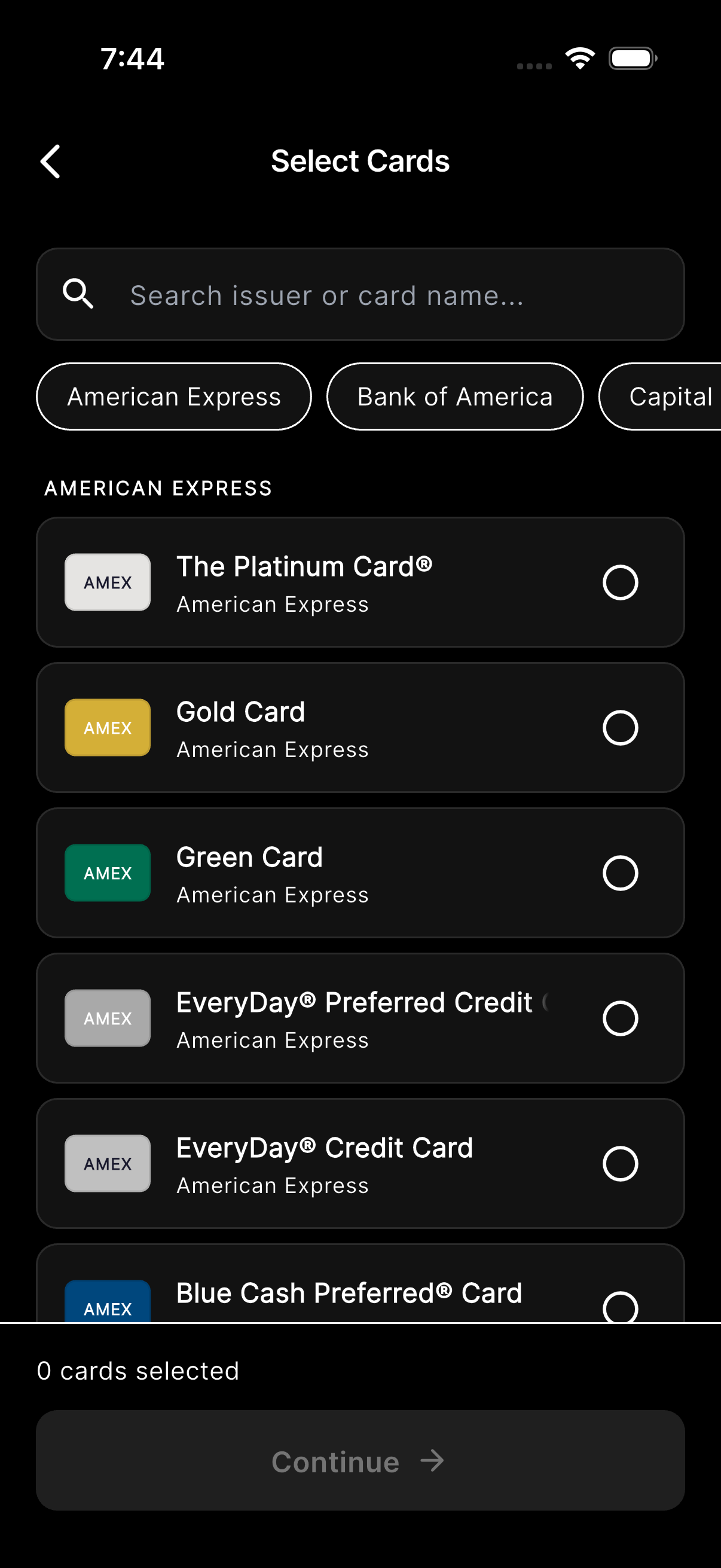 Select Premium Credit Cards Screen
